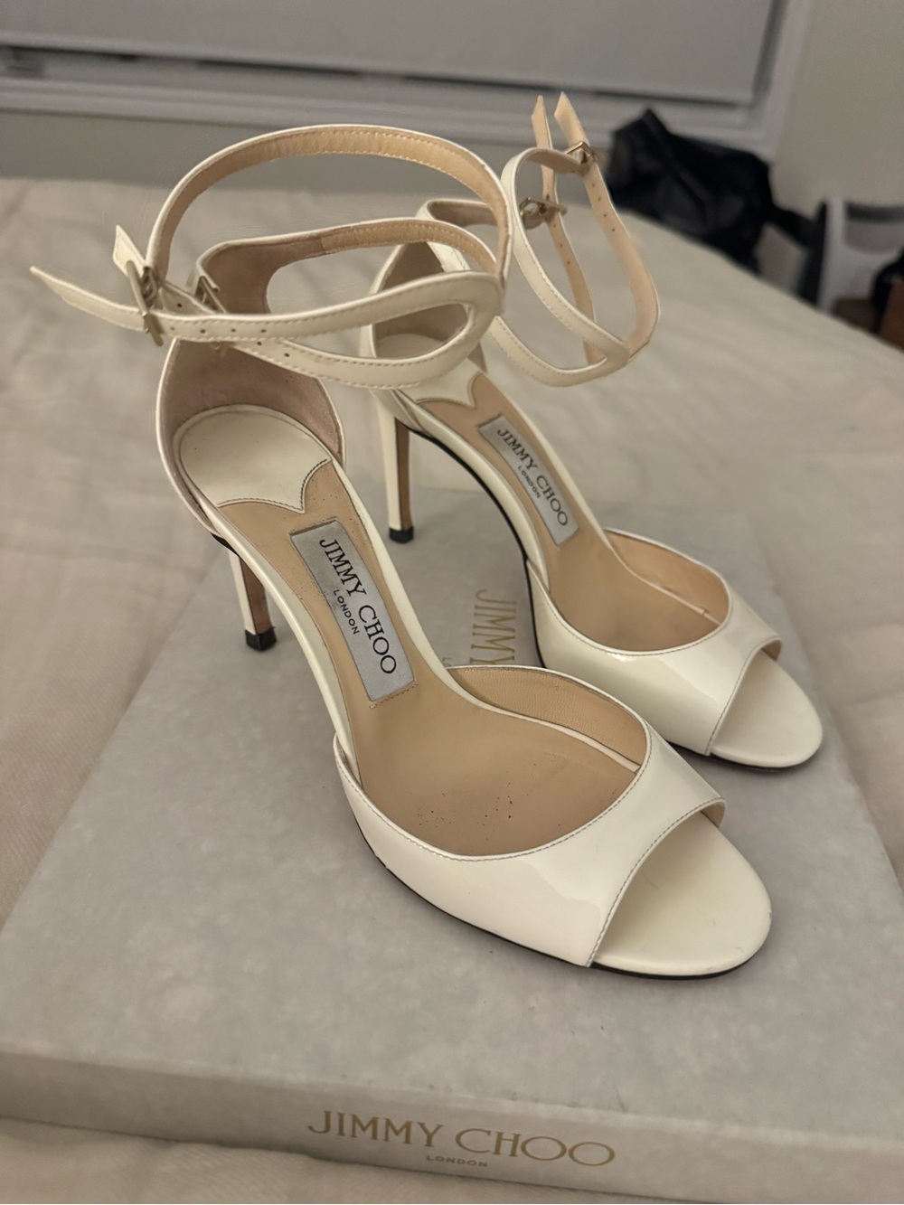 Jimmy Choo Cream Patent Leather Ankle‑Strap Stiletto Heels - Picture 1 of 9